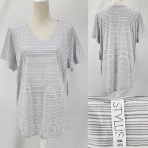New Stylus Womens XXL Cotton Modal Short Sleeve V Neck T-shirt White Gray Stripe